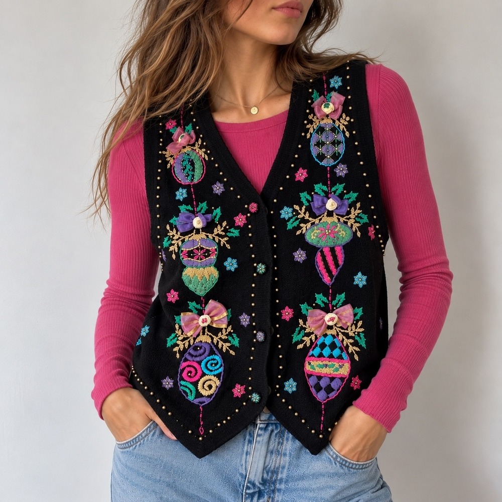 Vintage 90s Arriviste Black Christmas Ornament Sweater Vest Medium Grandmacore